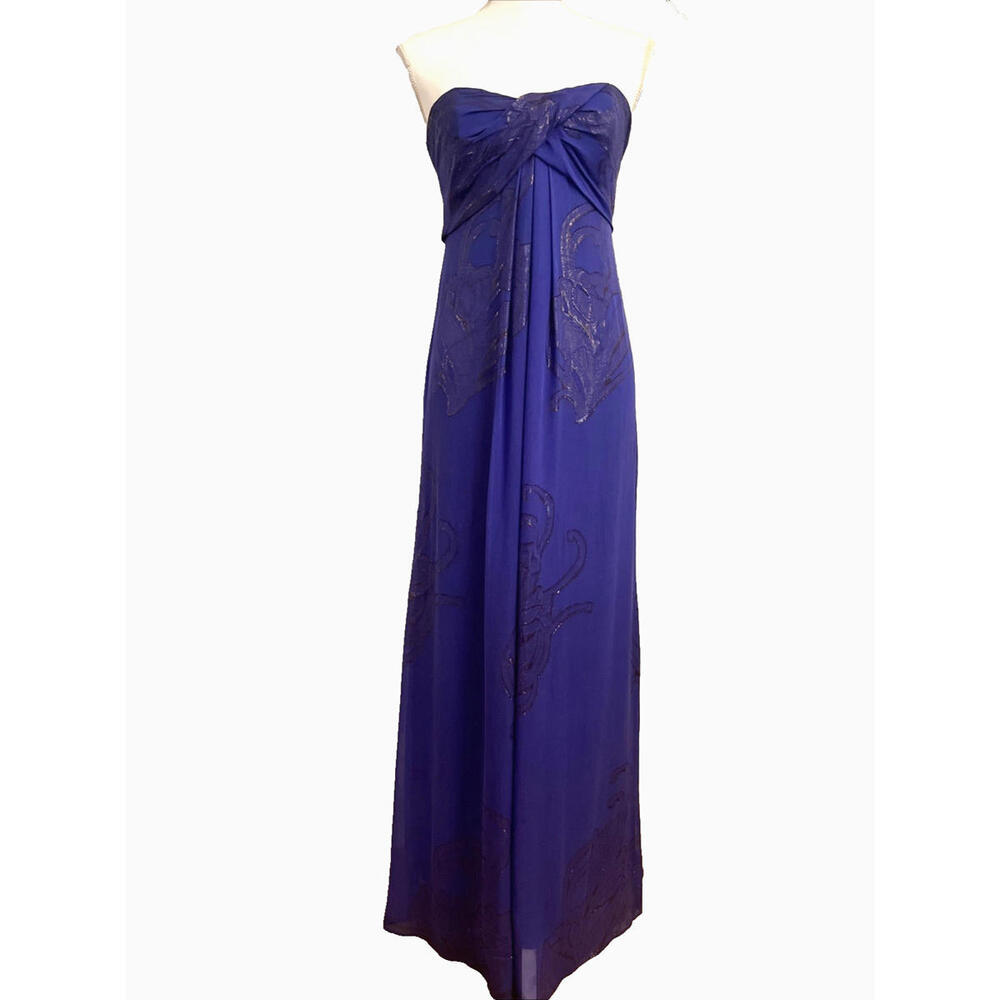 VTG Nicole Miller Silk Formal Maxi Dress 6 – Purple Metallic Floral Strapless